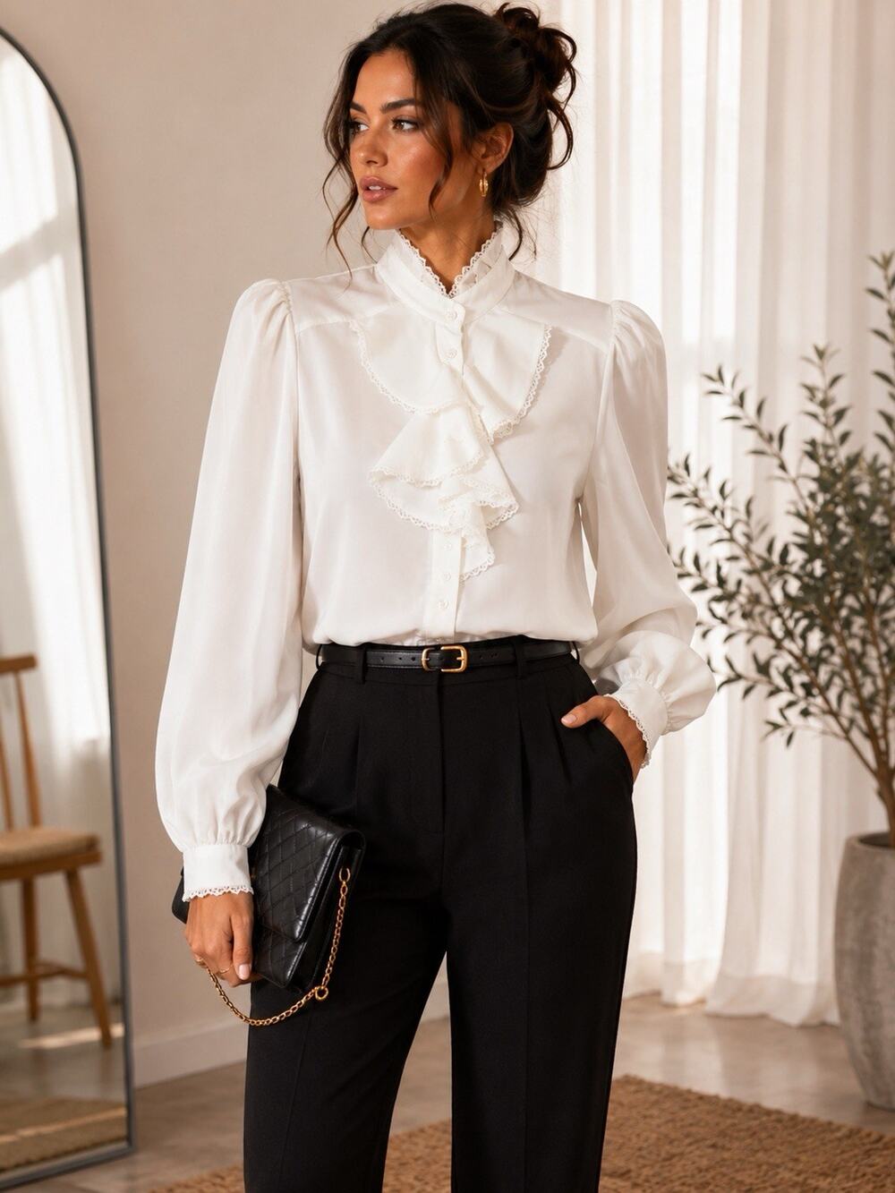 VTG California Connection Top Button Up Ruffed Collar Long Sleeve White Sz Small
